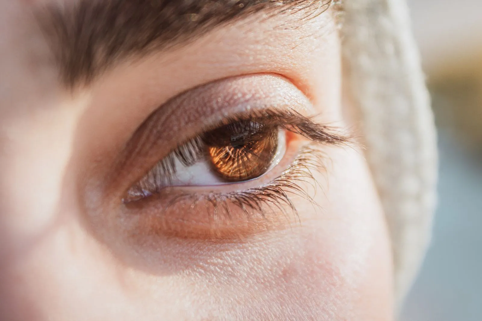 Detailed close-up of a human eye with natural lighting highlighting eyelashes and iris patterns.